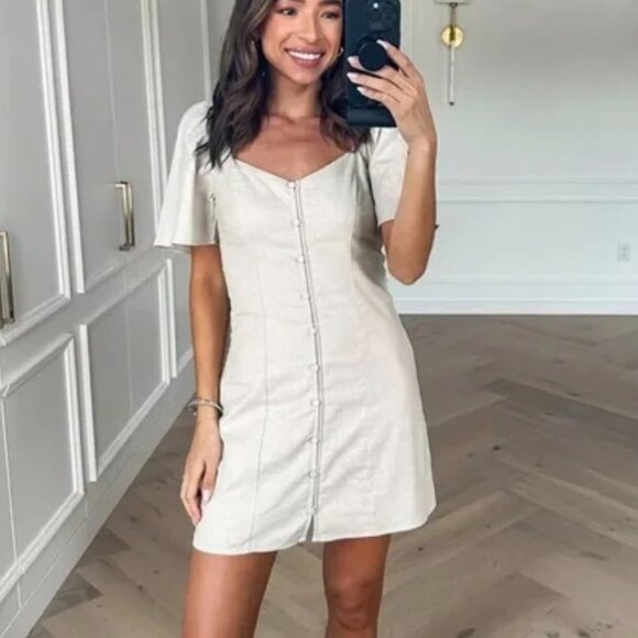 New Beige Tall Abercrombie Linen Blend Button Through Mini Dress - Picture 3 of 4